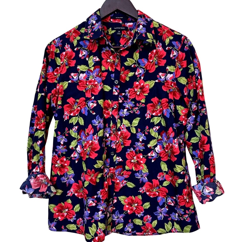 Womens Classic Floral Button Down Navy‎ Red Supima No Iron Shirt Lands End 10
